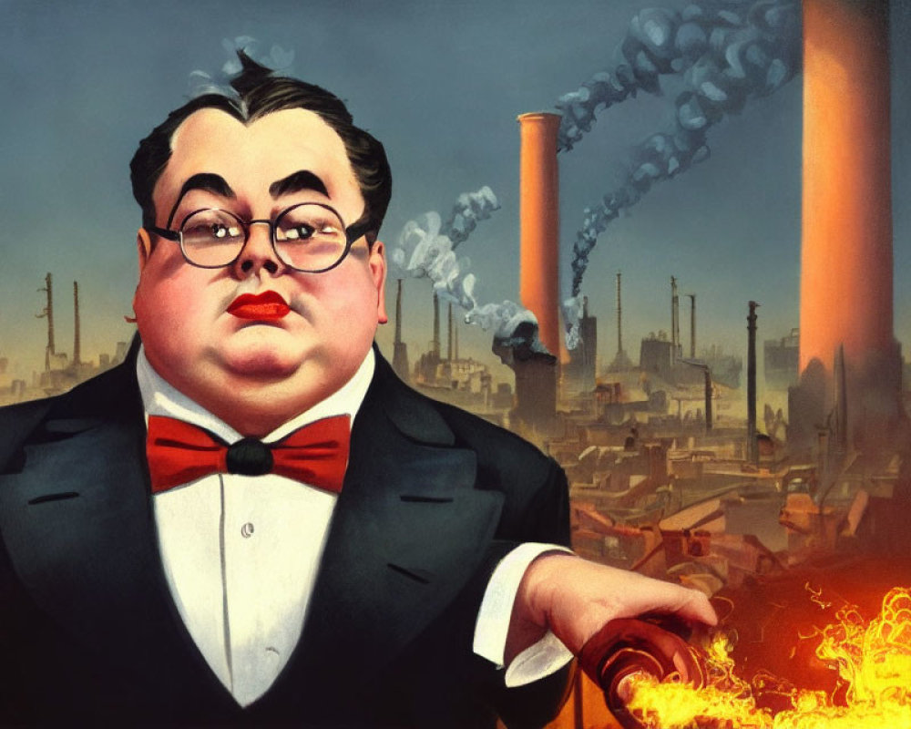 Exaggerated man in red bow tie and suit against industrial backdrop