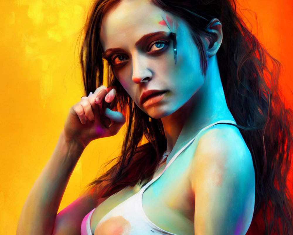 Intense gaze portrait with blue and orange backdrop and paint splashes