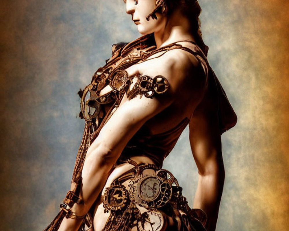 Steampunk-inspired outfit with cog and gear accessories on warm-toned backdrop