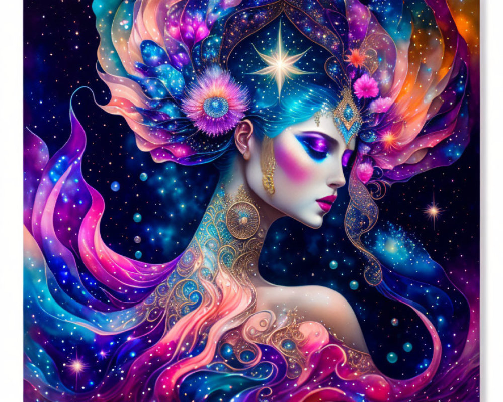 Colorful woman illustration with cosmic hair and galaxy backdrop