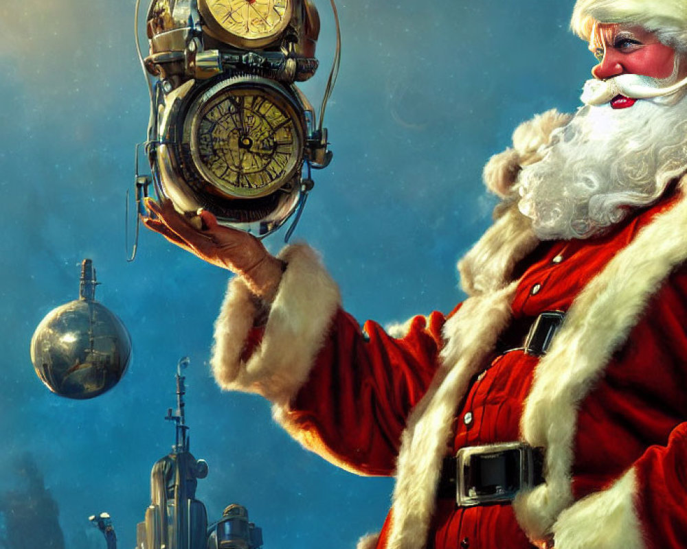 Santa Claus with golden clock in futuristic cityscape.