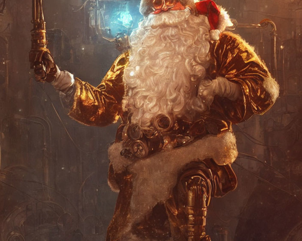 Futuristic Santa Claus in golden suit with mechanical staff among complex machinery