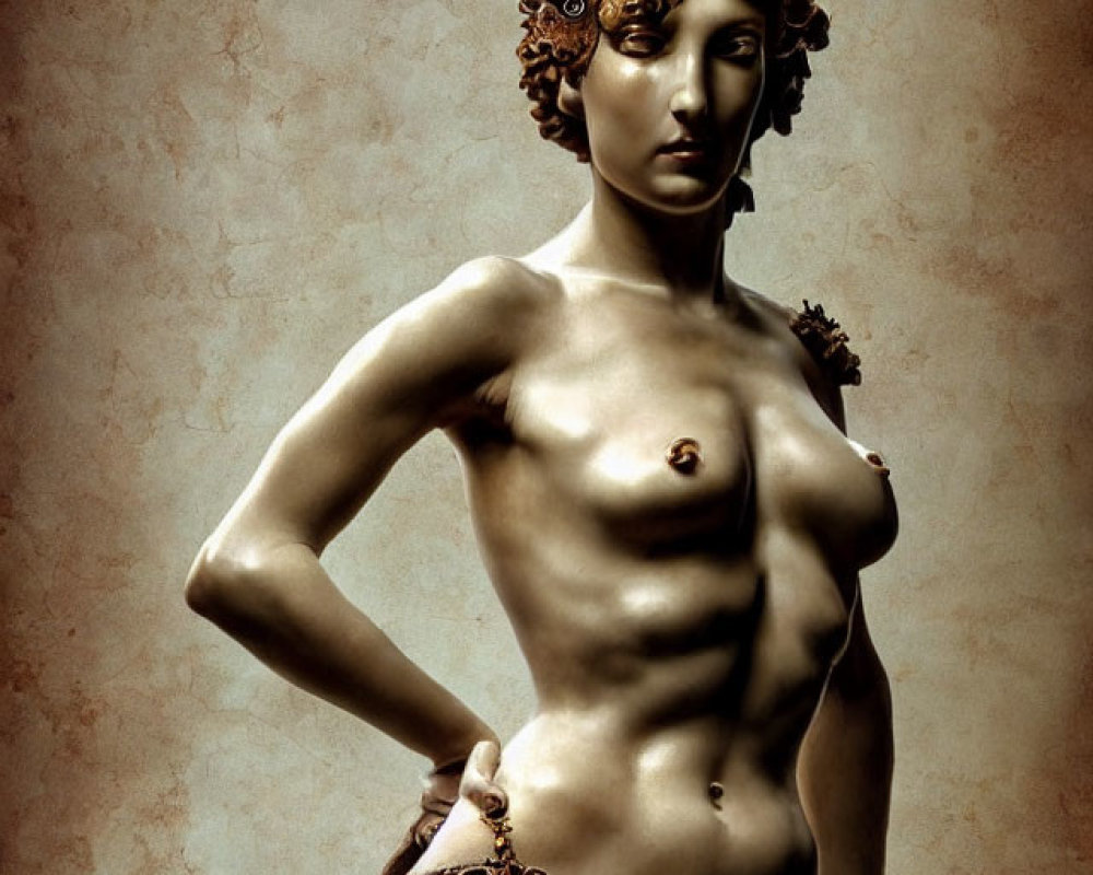 Classical statue with steampunk elements and metallic flowers