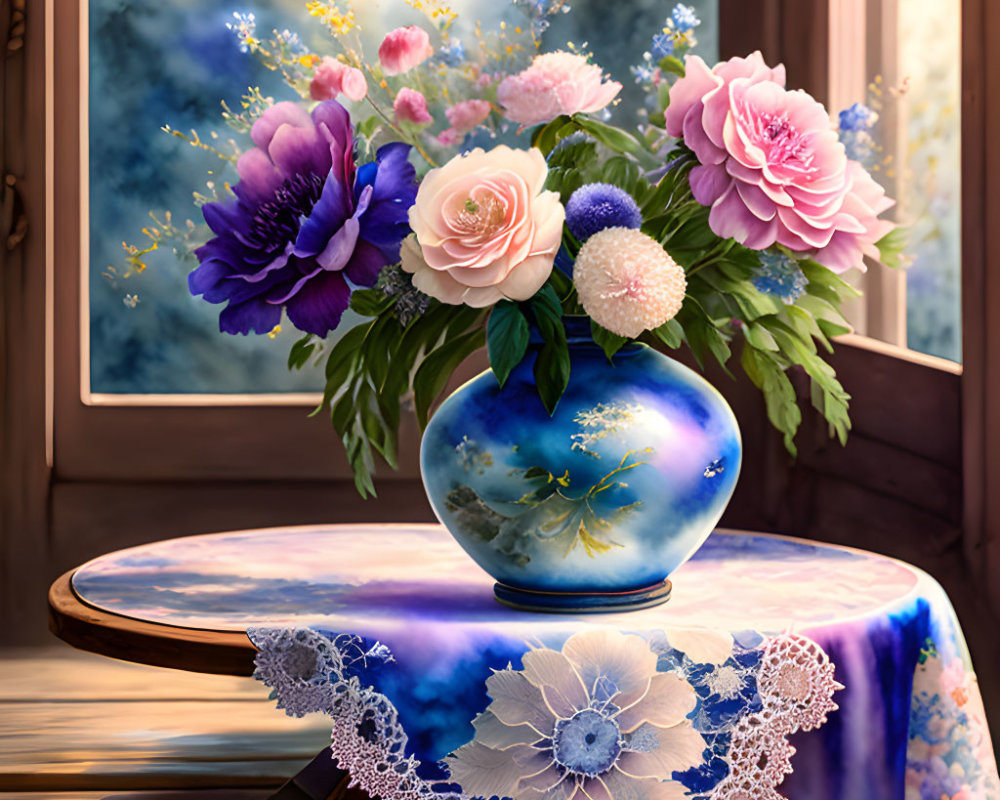 Colorful bouquet in blue vase on lace table by window with blue sky view