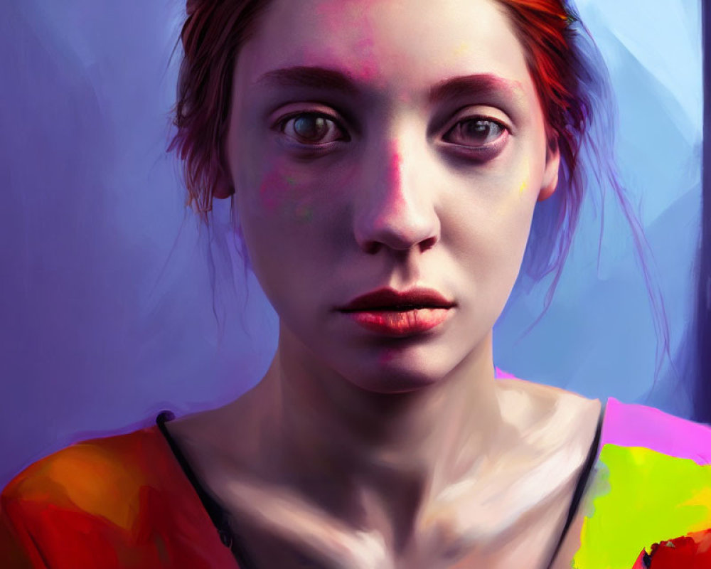 Vivid digital painting of a young woman with red hair and striking eyes