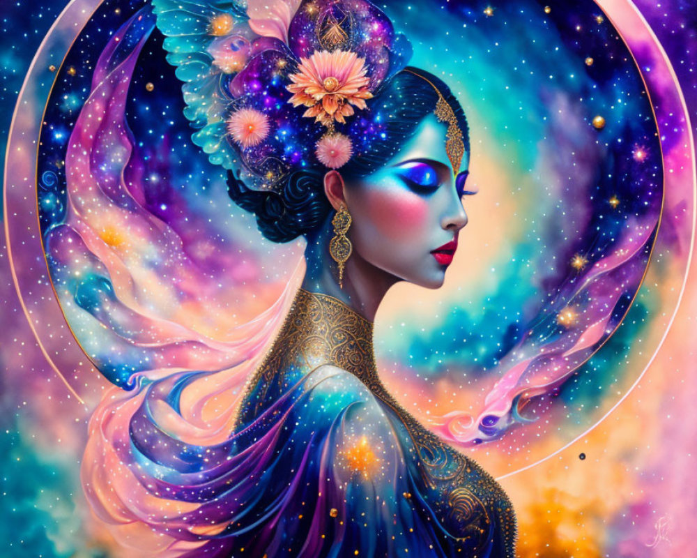 Vibrant cosmic-themed woman artwork against starry backdrop