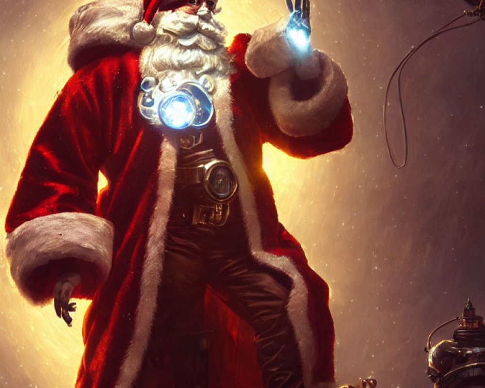 Futuristic Santa Claus with glowing gadgets and mechanical sleigh