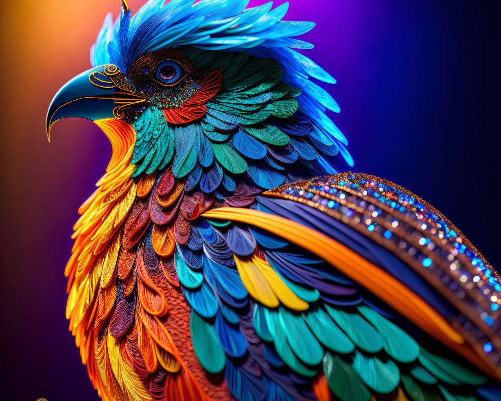 Colorful Stylized Bird with Blue, Green, and Orange Feathers