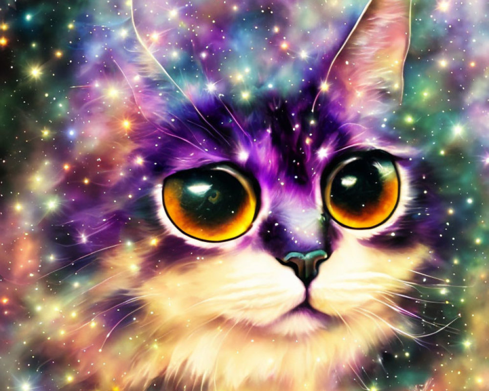 Colorful digital cat art with cosmic patterns and luminous eyes