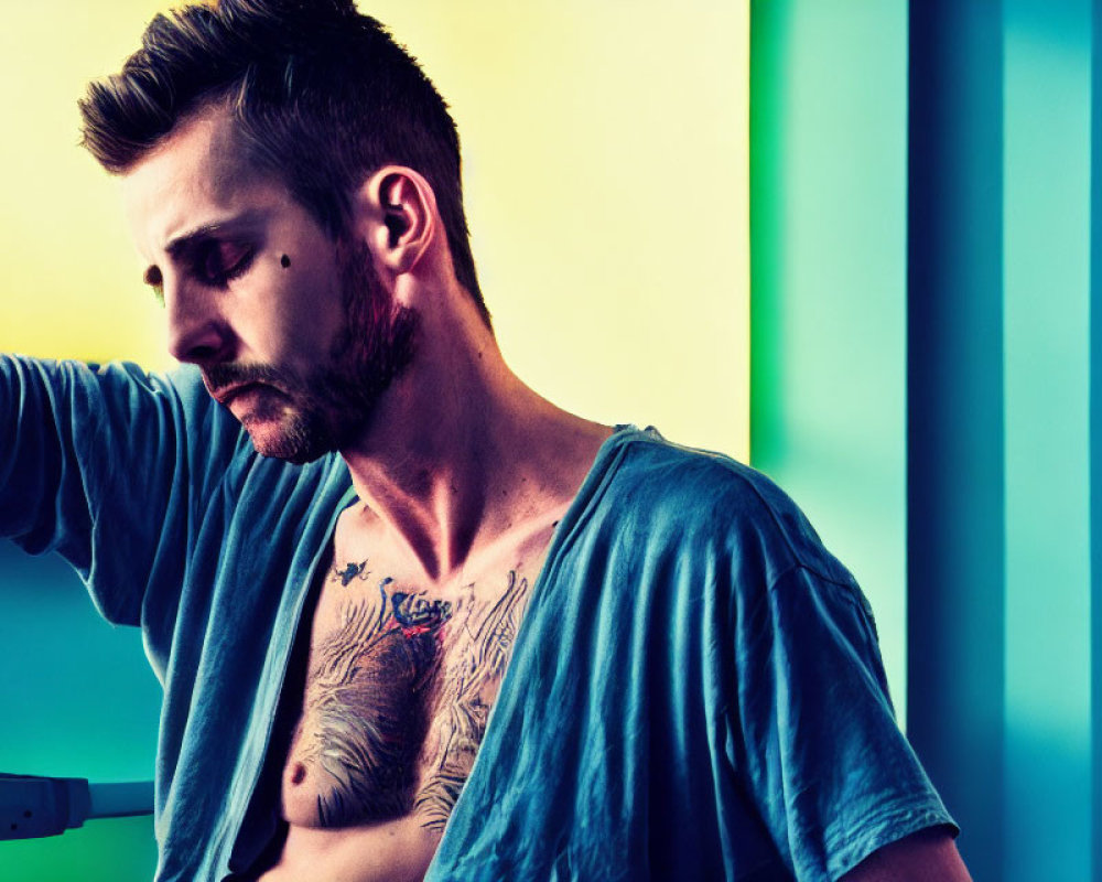 Bearded man with tattoos in partially unbuttoned shirt against colorful backdrop