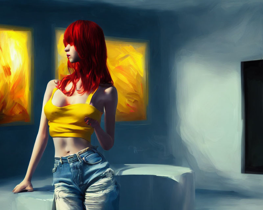 Digital painting of a woman with red hair in yellow top and blue jeans in a blue-toned room