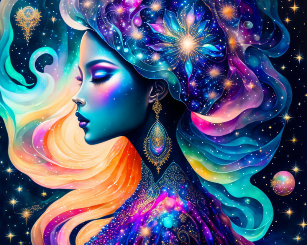 Colorful Cosmic-Themed Woman Illustration with Flowing Hair