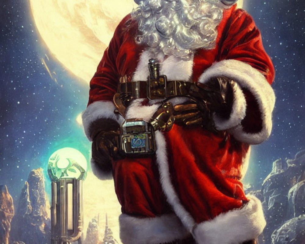 Futuristic Santa Claus with red suit and breathing mask on lunar backdrop