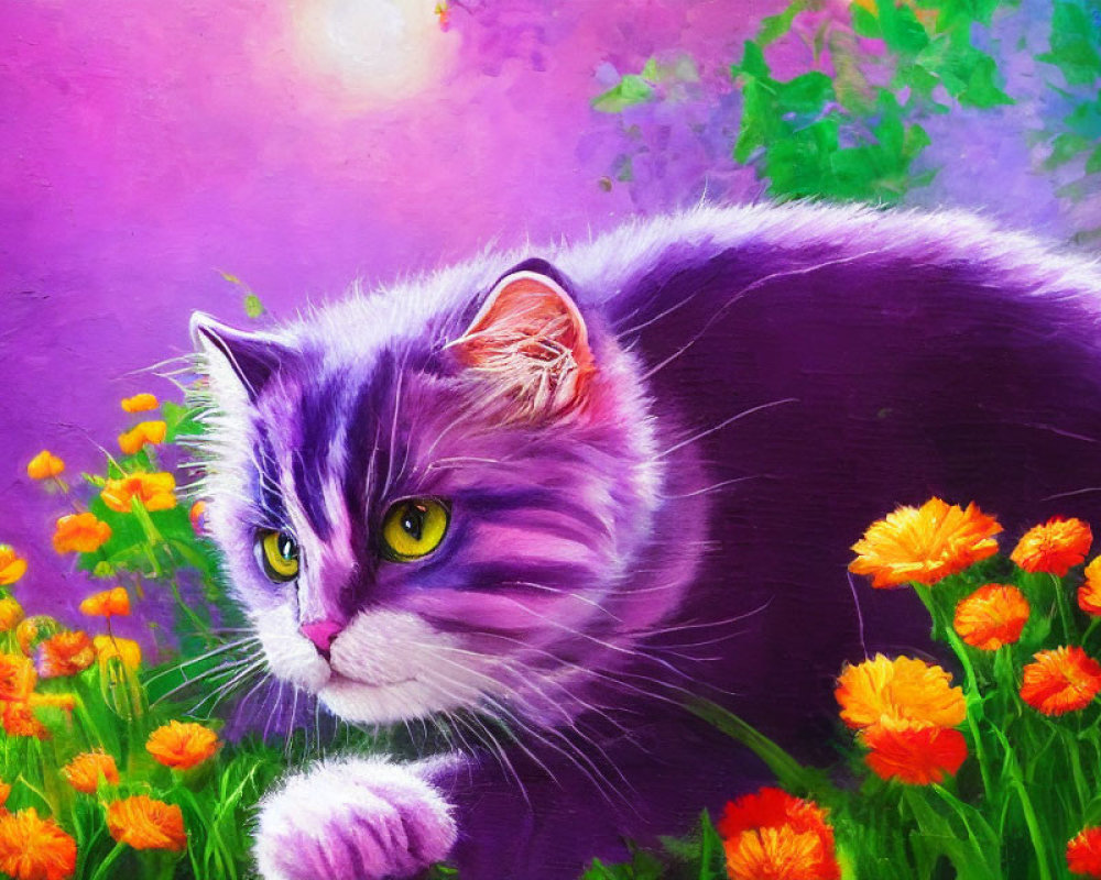 Colorful painting of gray and white cat with flowers on purple backdrop