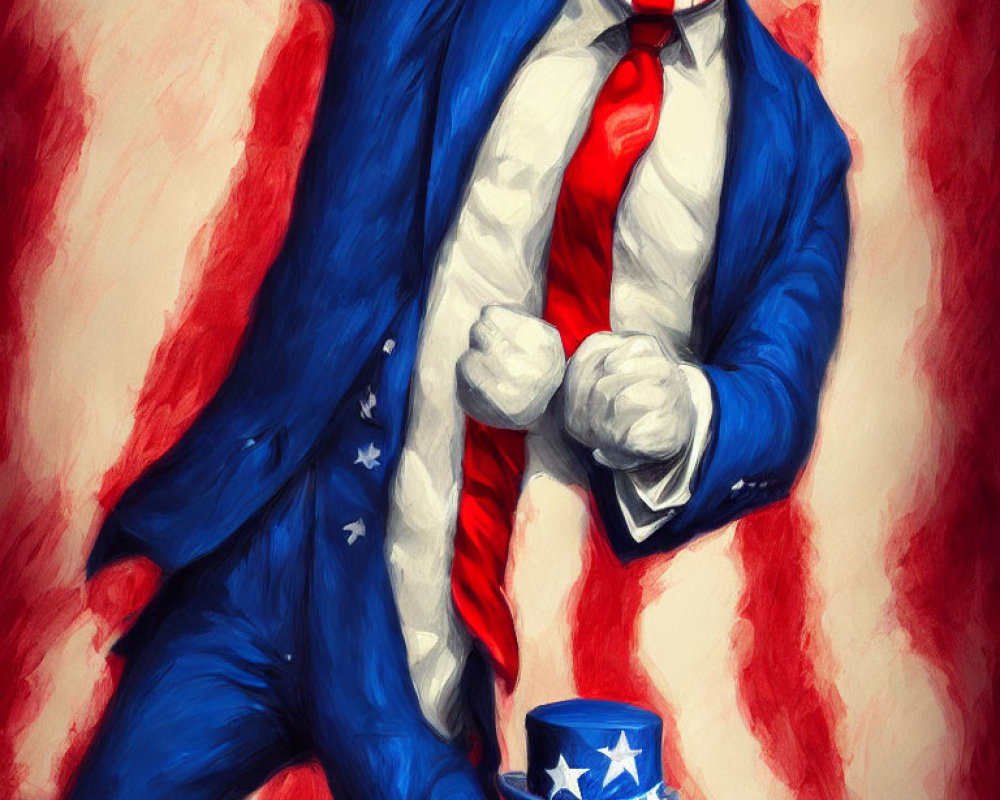 Colorful painting of two figures in American flag suits, one with top hat, the other with bow