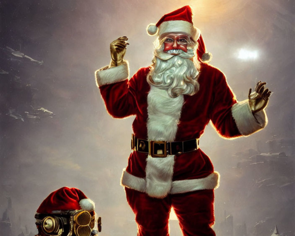 Futuristic Santa Claus with high-tech goggles and robotic reindeer