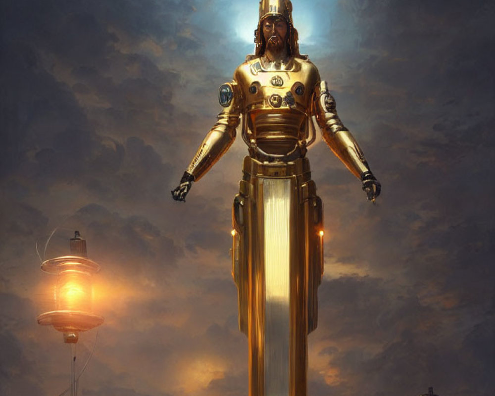 Golden humanoid robot hovers with propulsion trail in futuristic dusk scene