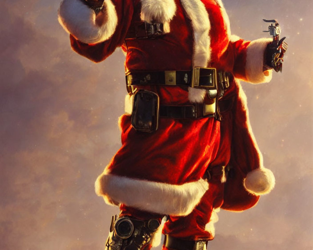 Santa Claus in Red Suit with Utility Belt and Gadgets Against Dramatic Sky