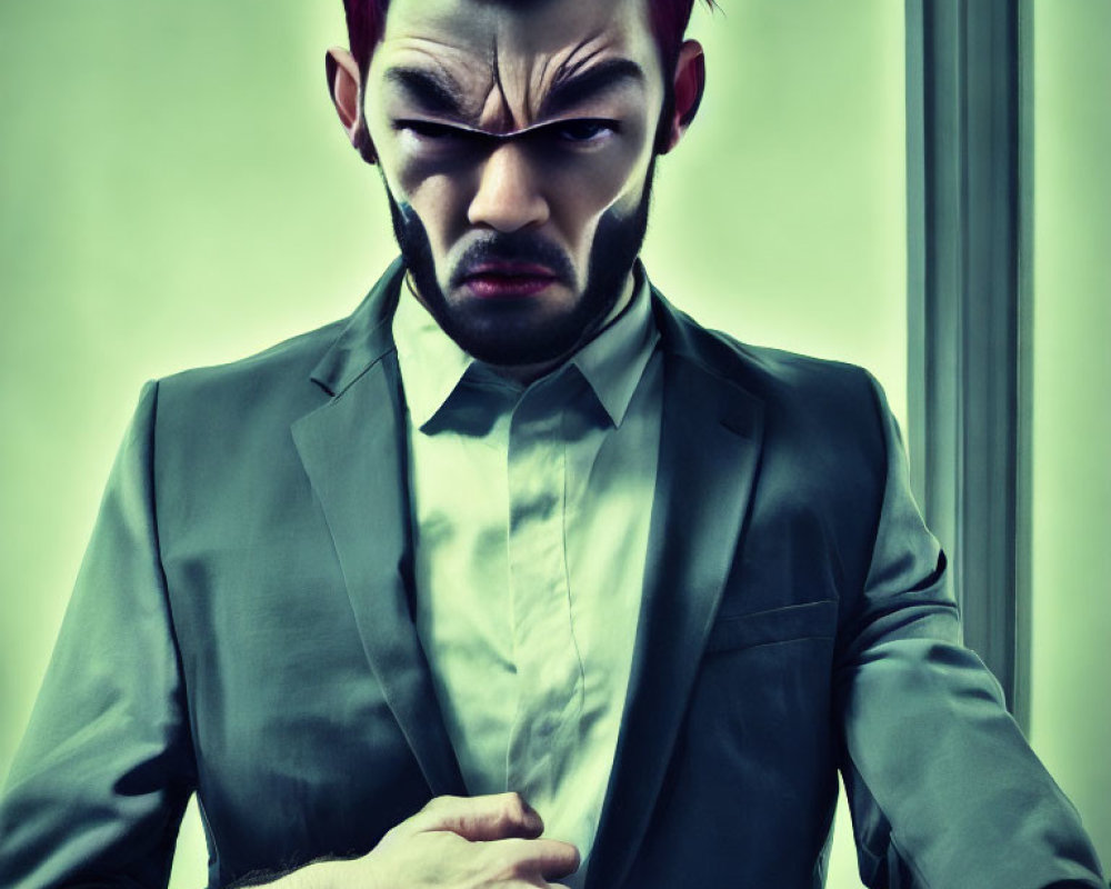 Man with red mohawk and gray suit displaying stylized frown.