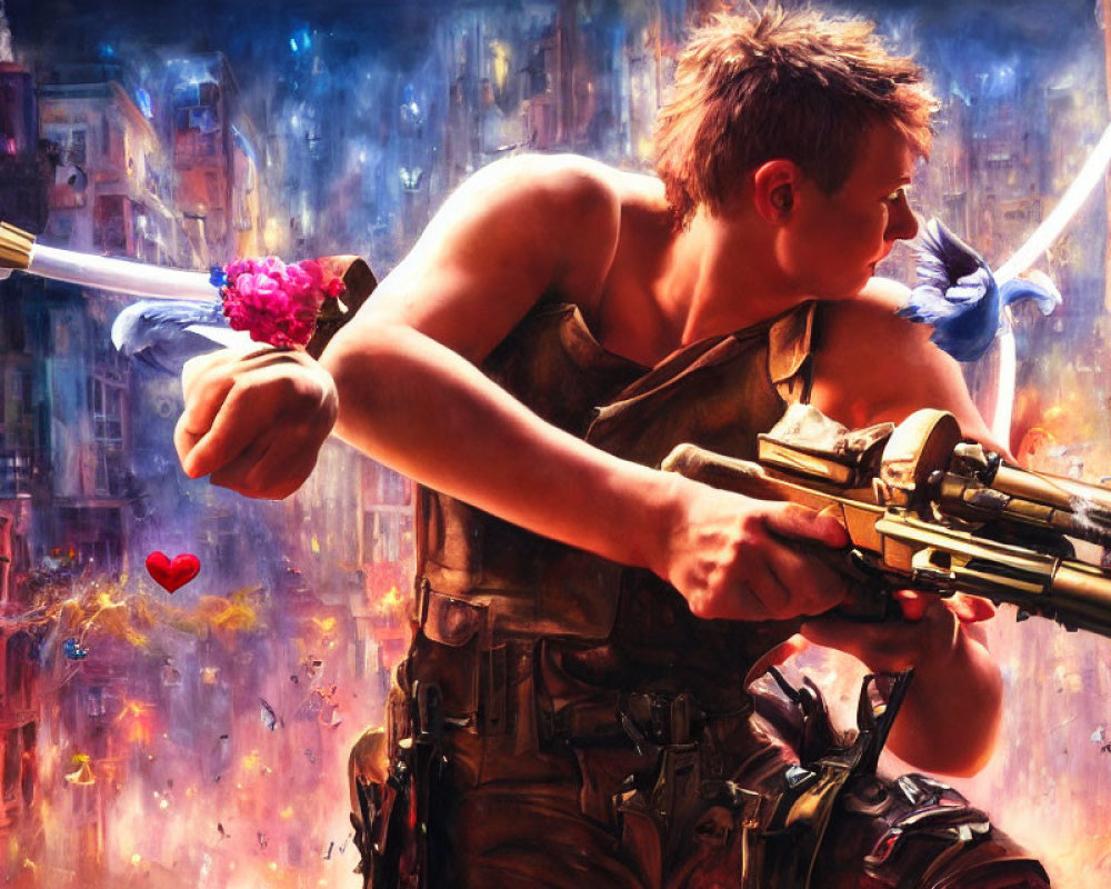 Muscular man with futuristic crossbow in dystopian scene with pink flower and heart.