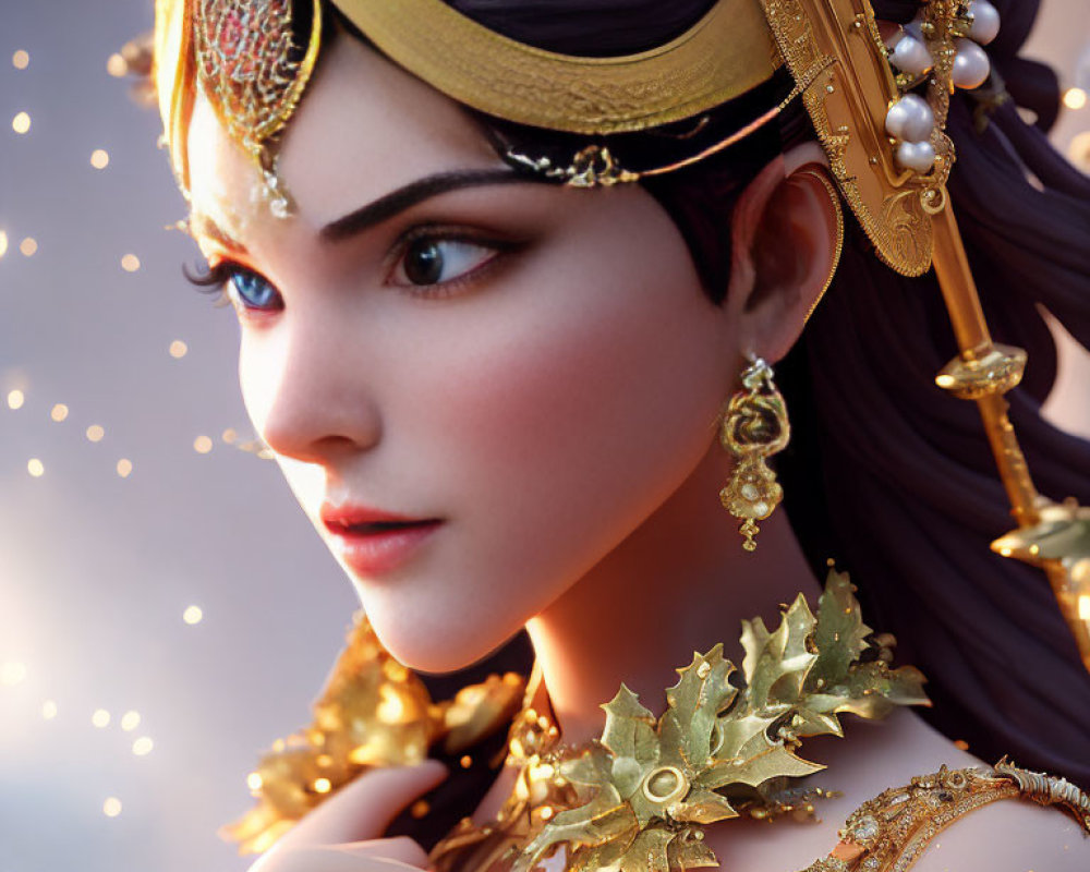 Fantasy-style 3D portrait of a woman with golden jewelry and mystical headpiece