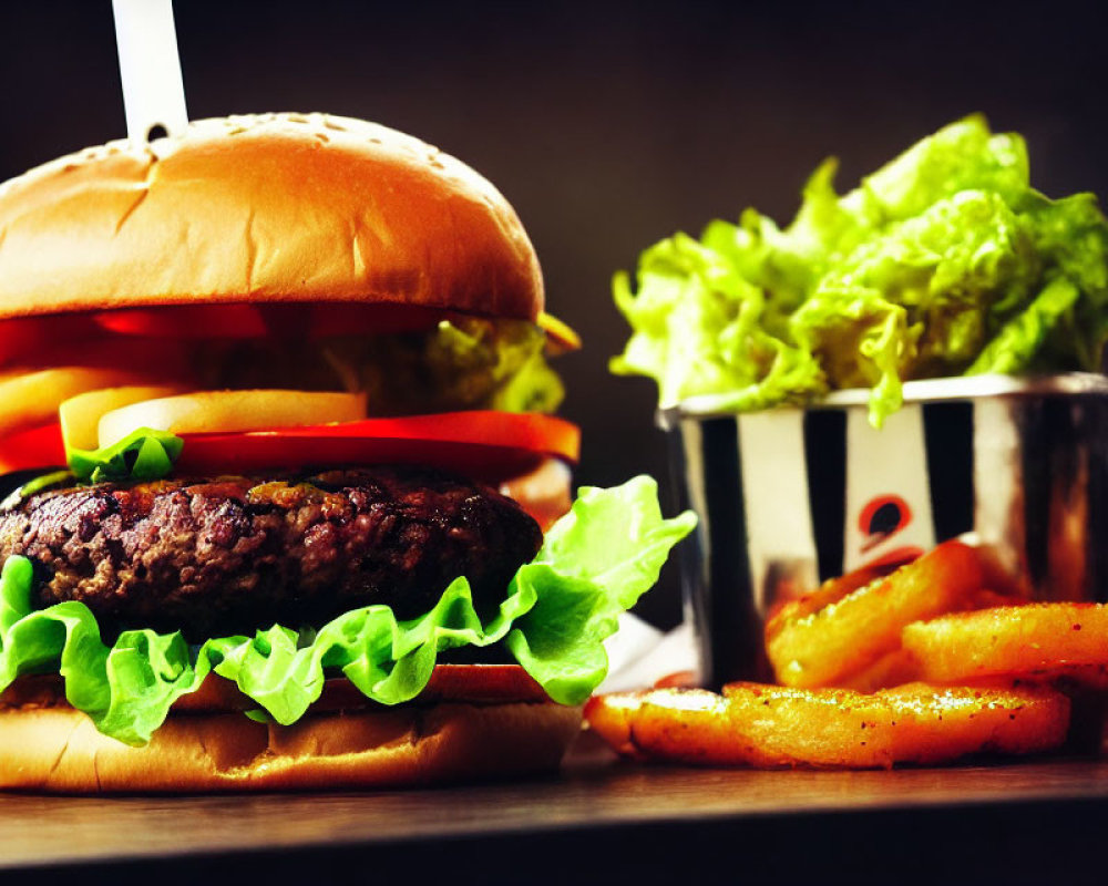 Classic Cheeseburger with Lettuce, Tomato, Onions, Fries, and Salad