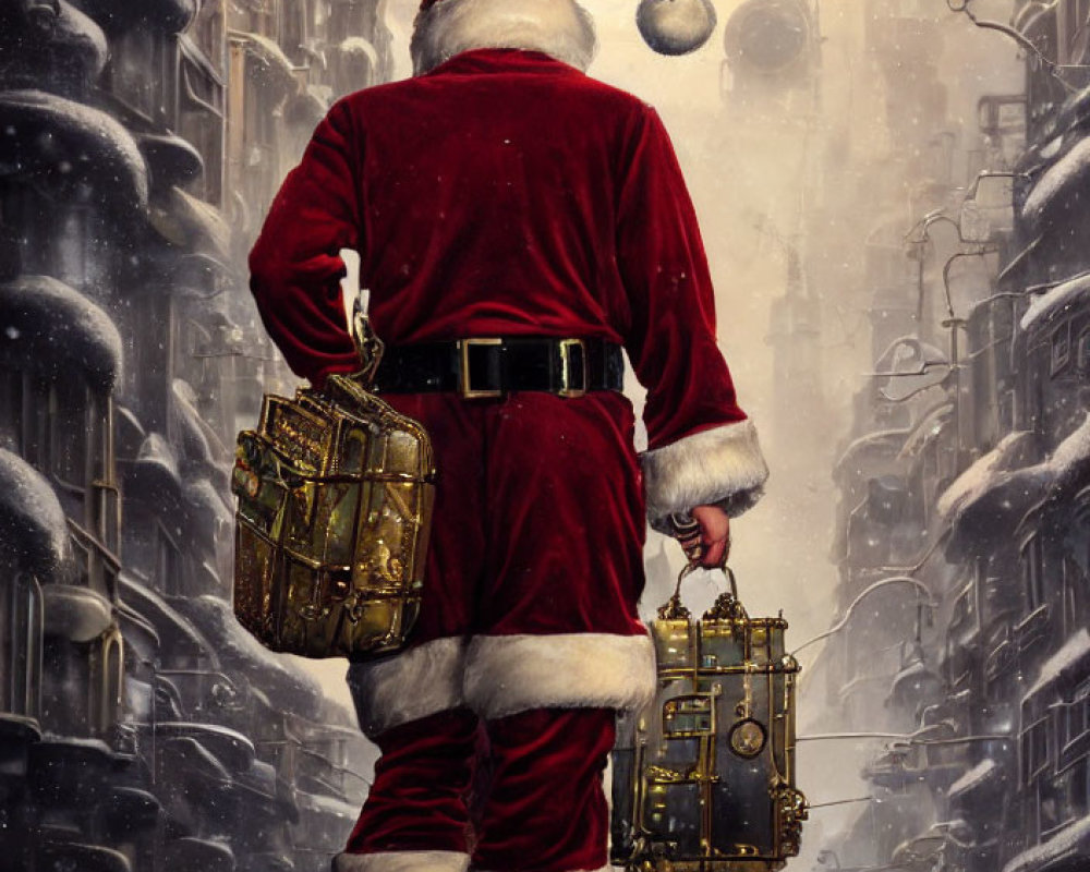 Santa Claus Walking Down Snowy Street with Gifts Amidst Tall Buildings