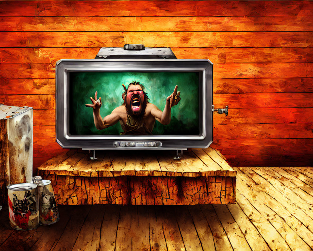 Vintage TV with animated character screaming on wooden table, surrounded by paint cans and boombox against wooden plank