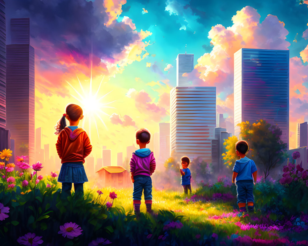 Children in vibrant meadow with futuristic cityscape at sunset