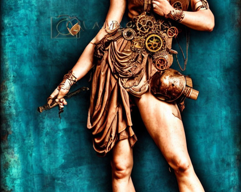 Steampunk-themed female figure in brown tunic with gears on teal backdrop