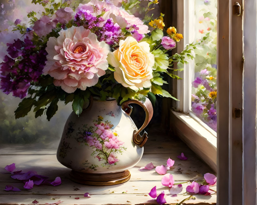 Vase with blooming roses and assorted flowers on windowsill