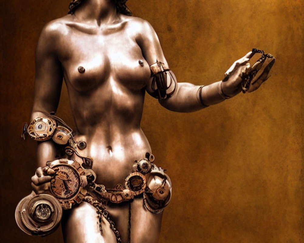 Steampunk-inspired female statue with gears and orb on golden backdrop