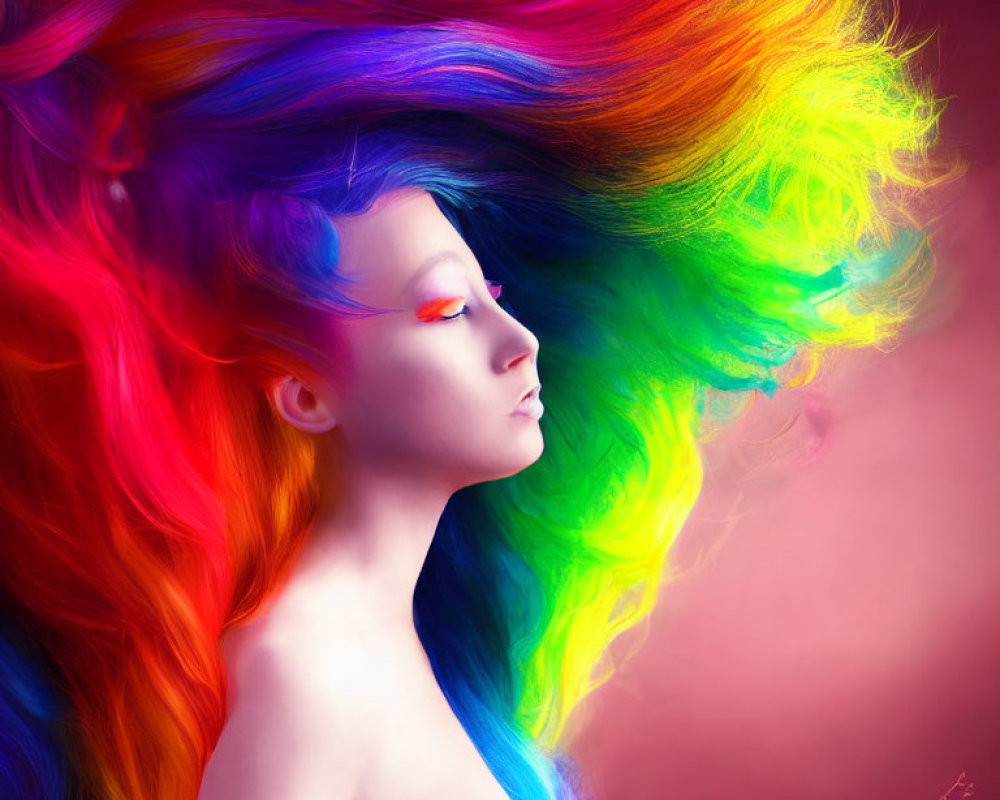 Vibrant rainbow-colored hair woman with serene expression