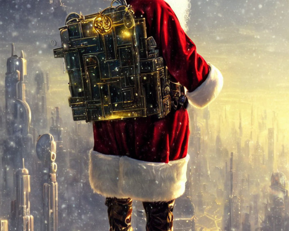 Santa Claus with gift sack in snowy futuristic cityscape.