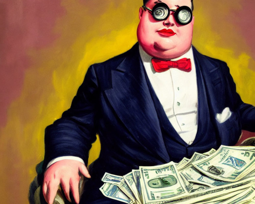 Exaggerated facial features man in binocular glasses with cash on lap