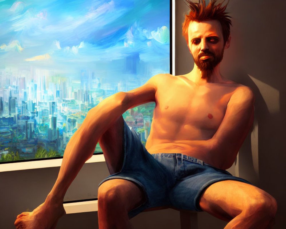 Shirtless man with a beard sitting by window in futuristic cityscape