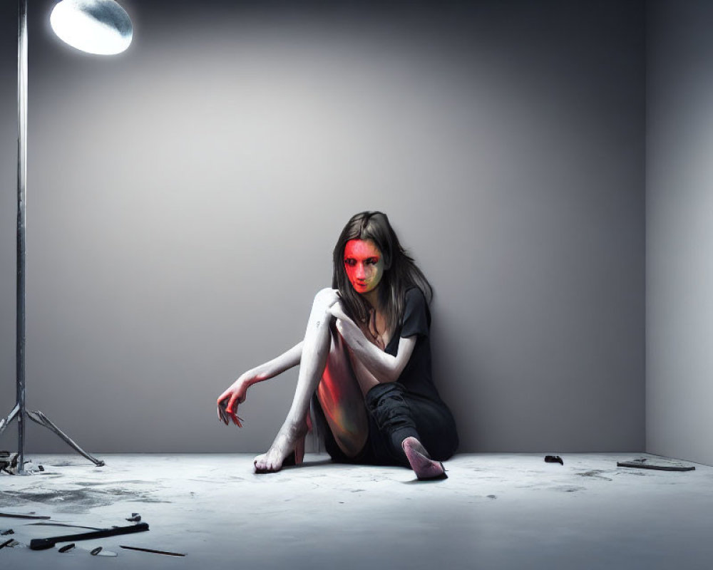 Person with Red-Painted Eyes in Studio Setting with Artistic Mess and Winged Object