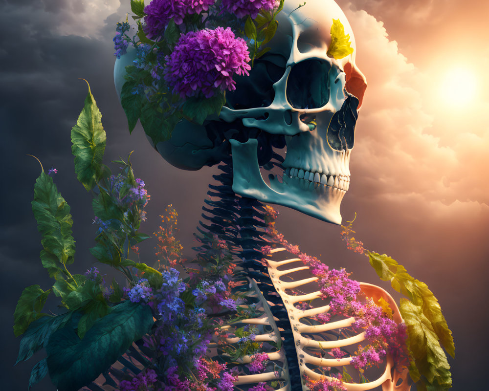 Human skeleton with vibrant flowers on dramatic sky background