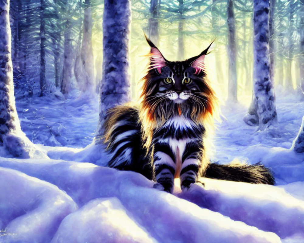 Long-Haired Cat with Whiskers in Snowy Forest Scene