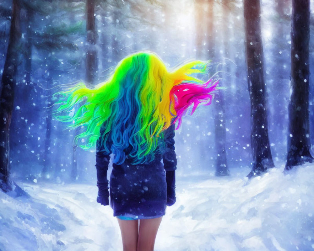 Vibrantly Colored Hair Person in Snowy Forest with Sunlight