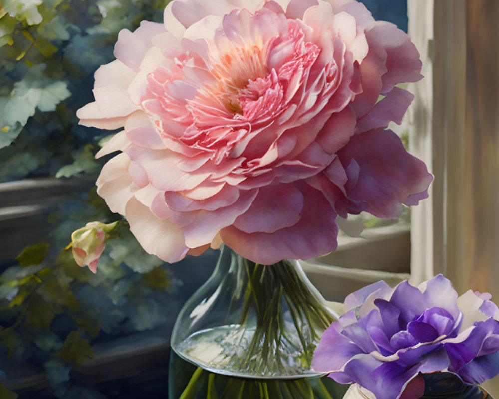 Vibrant pink peony in clear vase with purple flowers and garden backdrop.