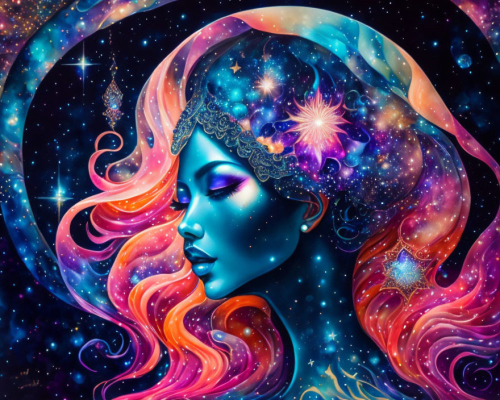 Colorful cosmic-themed woman profile with swirling hair and space elements.