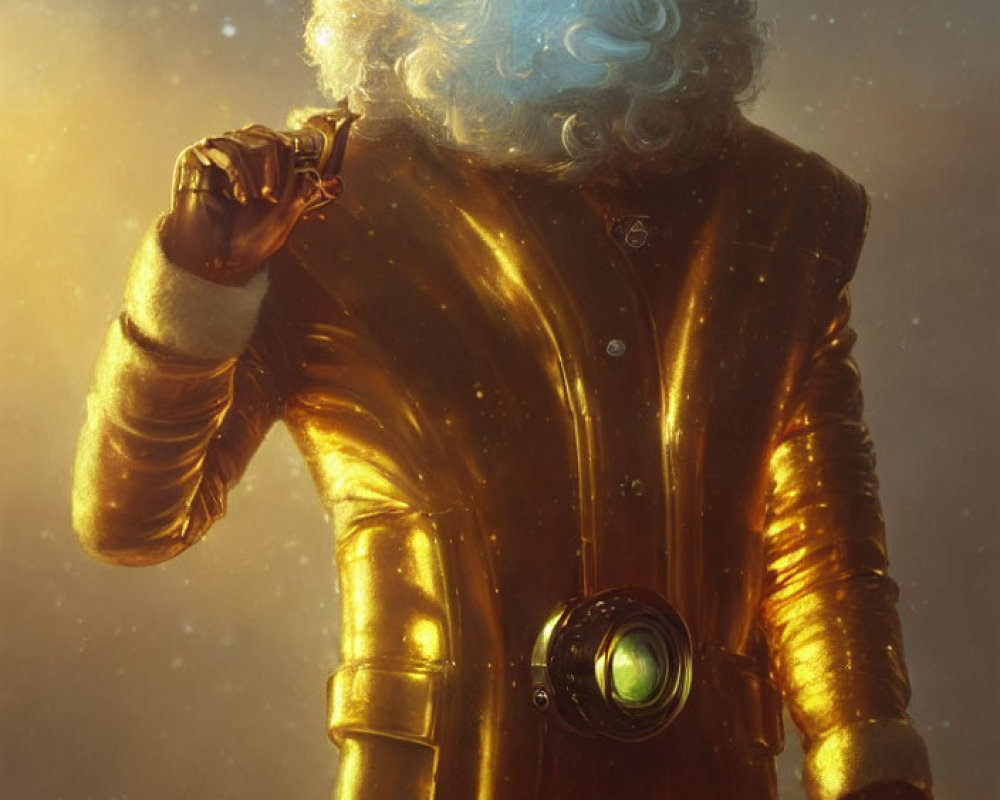 Steampunk Santa Claus with golden suit and goggles on warm background