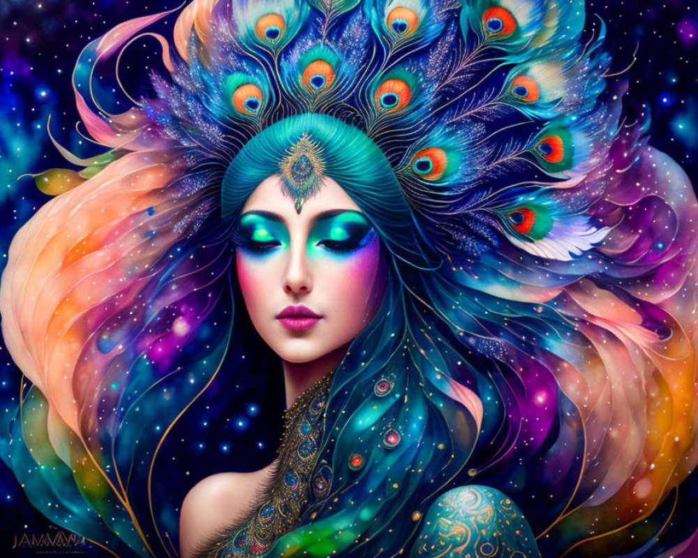 Woman with Peacock Feathers and Cosmic Hair in Artistic Depiction