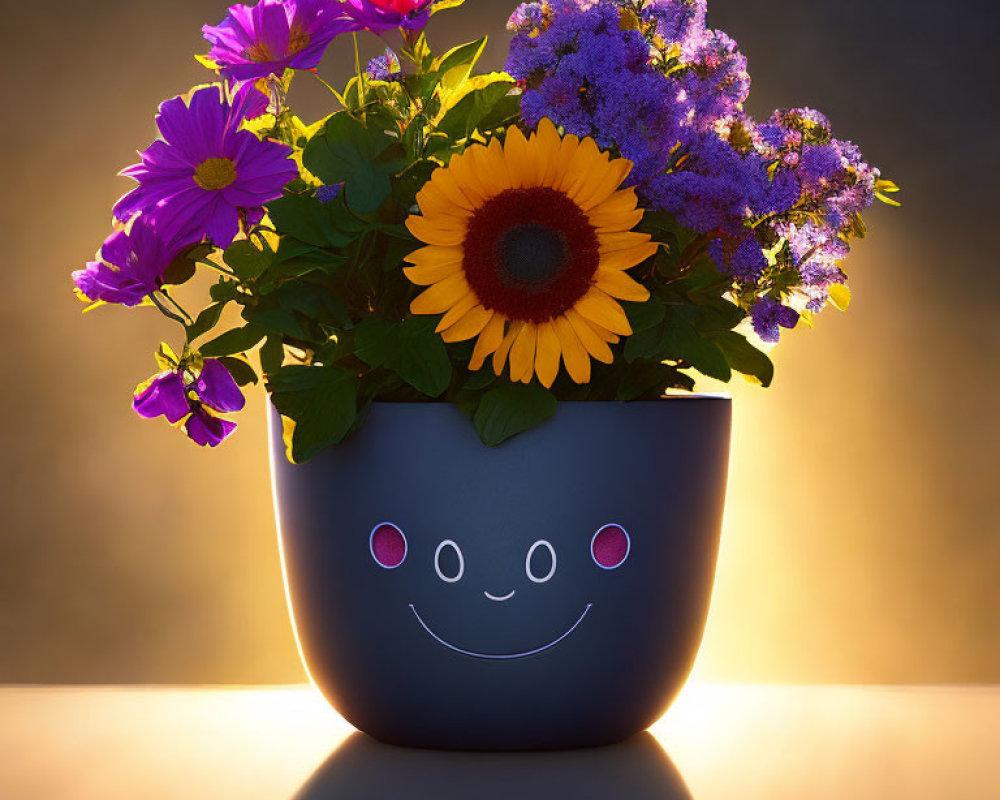 Colorful Smiling Face Pot with Sunflower and Blooms