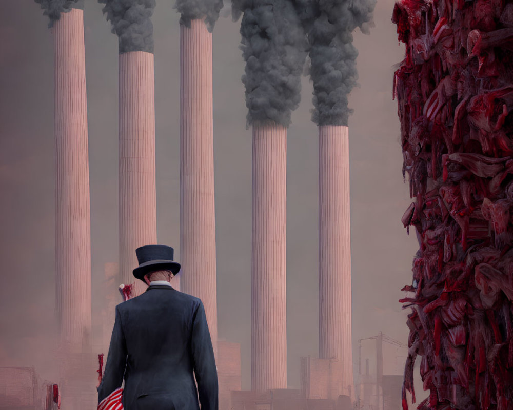 Surrealist man in black suit with smokestacks, face in clouds, red organic wall