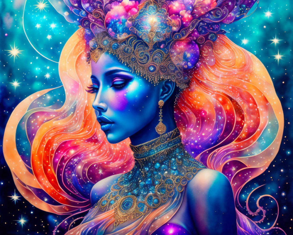 Illustration: Woman with Azure Skin, Fiery Hair, Cosmic Jewels, Stars Background