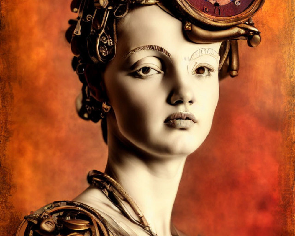 Steampunk portrait featuring clockwork elements and timepiece on headpiece