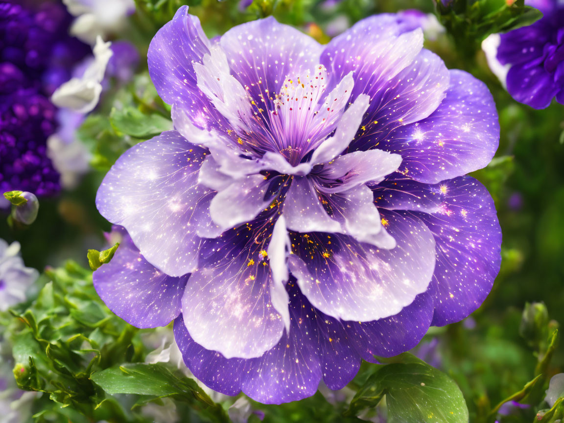 Vibrant purple flower with white speckles and yellow center in green foliage.