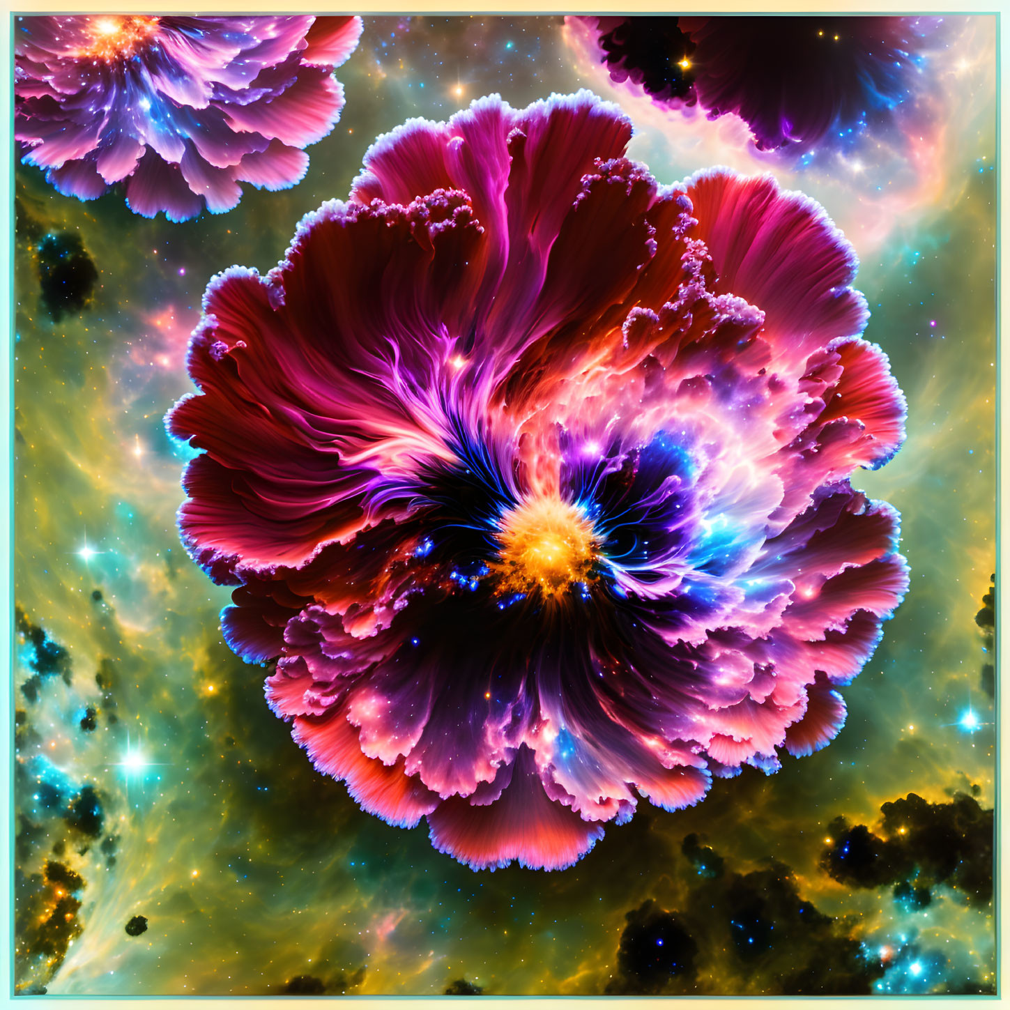 Colorful digital artwork: Flower-like fractal patterns on cosmic star background